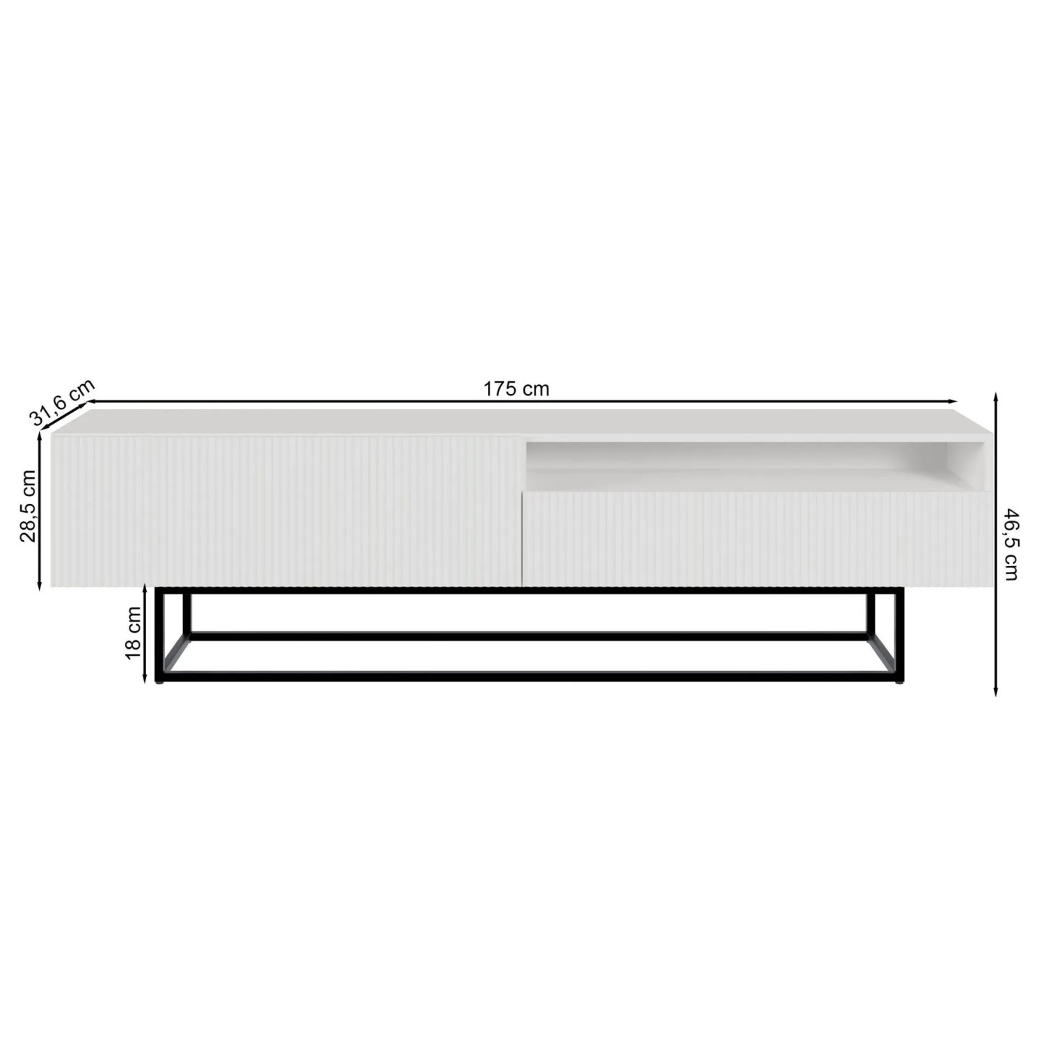 Weißes Selsey TV-Lowboard Veldio, 175 cm breit, mit Lamellenfront, offenem Fach und schwarzem Metallgestell.