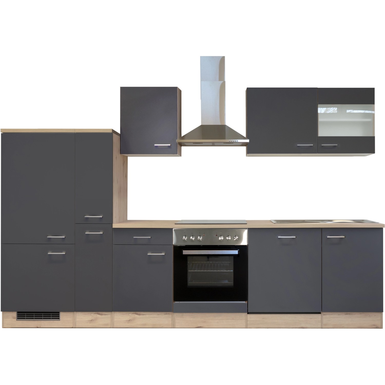 Moderne Küchenzeile Morena 310 cm in Basaltgrau matt und San Remo Eiche hell mit E-Geräten.
