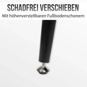 Detailaufnahme: Schwarzes Stahlbein mit verstellbarem Fußbodenschoner des Esszimmer-Sets.