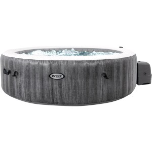 Intex PureSPA Greywood Deluxe aufblasbarer Whirlpool, grau, mit Bedienfeld und Wasser.