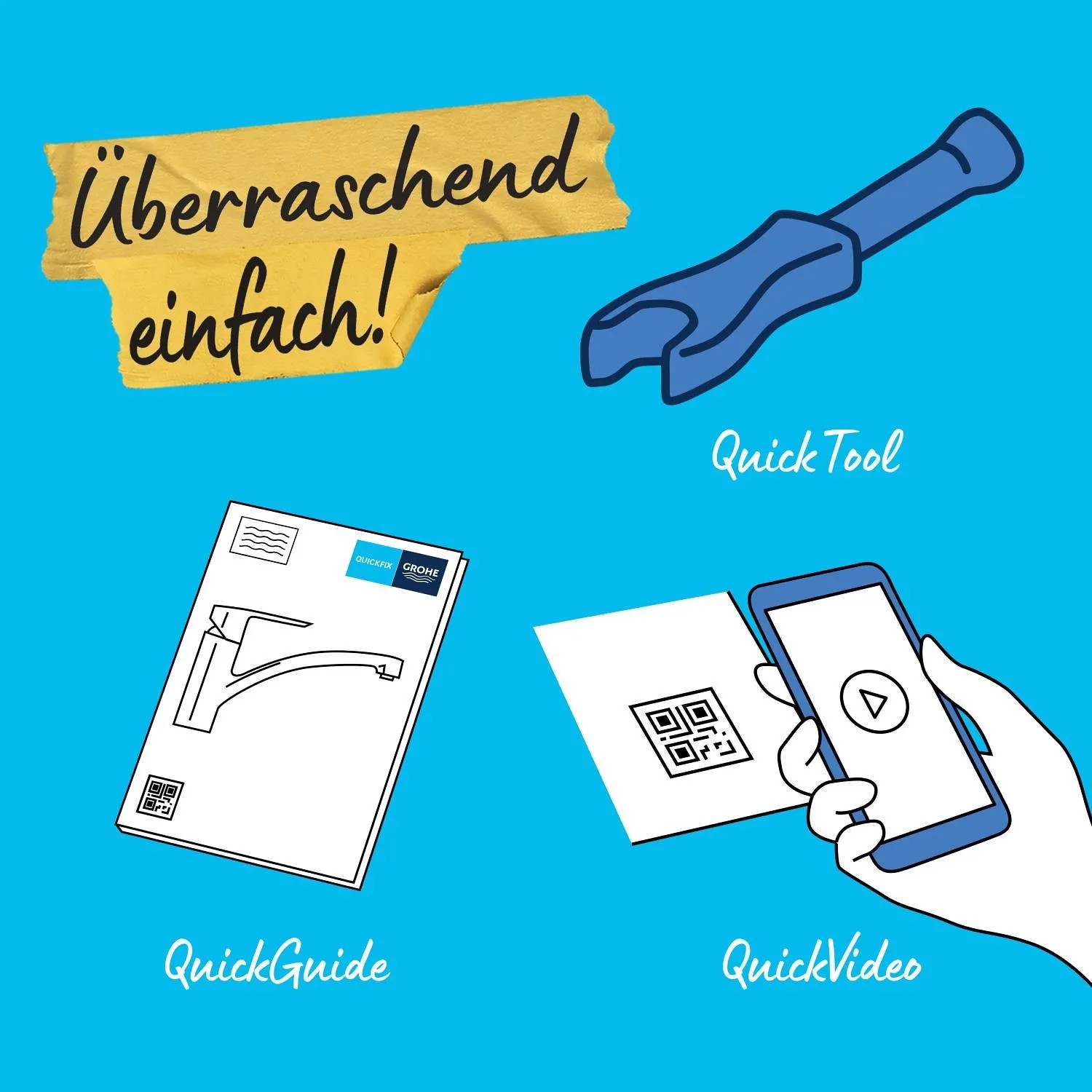 Grohe QuickFix: Montage-Anleitung, Werkzeug, QR-Code und Video für Einhand-Spültischbatterie.