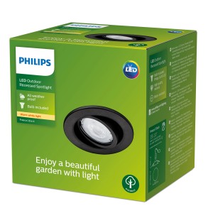 Verpackung eines schwarzen Philips Fresco LED Bodeneinbaustrahlers für den Außenbereich, mit warmweißem Licht.