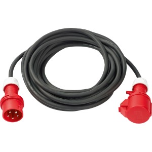 Schwarz-rotes CEE Verlängerungskabel, 10 m, mit robustem Stecker und Kupplung für Camping und Garten.