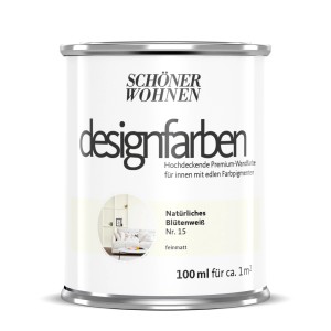 Schöner Wohnen Designfarbe Natürliches Blütenweiß, 100ml Dose. Bunte Wandfarbe für Innen.