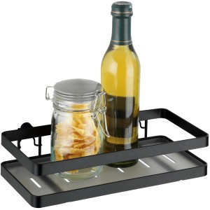 Schwarzes Wenko Universalregal Gala mit Glas und Flasche als Küchenhelfer.