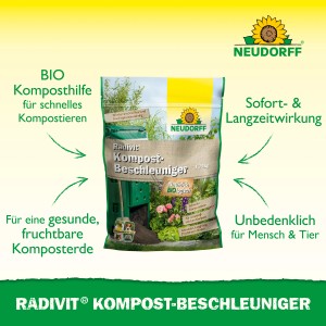 Neudorff Radivit Kompost-Beschleuniger 1,75kg Packung mit Kompost und Pflanzen im Hintergrund.