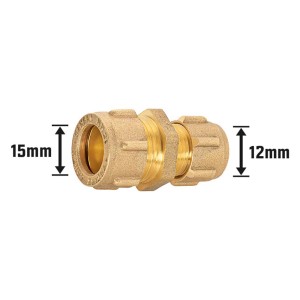 Klemmring-Reduzierstück aus Messing, 12 mm x 15 mm, zur Verbindung von Kupferrohren.