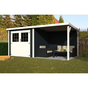 Holz-Gartenhaus Paradis von Decor et Jardin, 476x234 cm, mit Sitzbereich und Geräteschuppen.