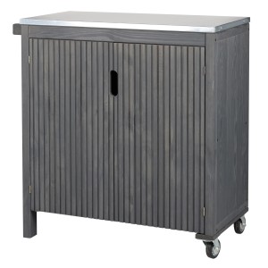 Anthrazitfarbener Westmann Gartenschrank James aus Holz mit verzinkter Tischplatte und Rollen.
