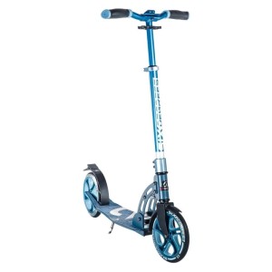 Blauer Six Degrees Aluminium Scooter mit Klappmechanismus, Ständer und 205 mm Rollen. Höhenverstellbarer Tretroller für Sport.