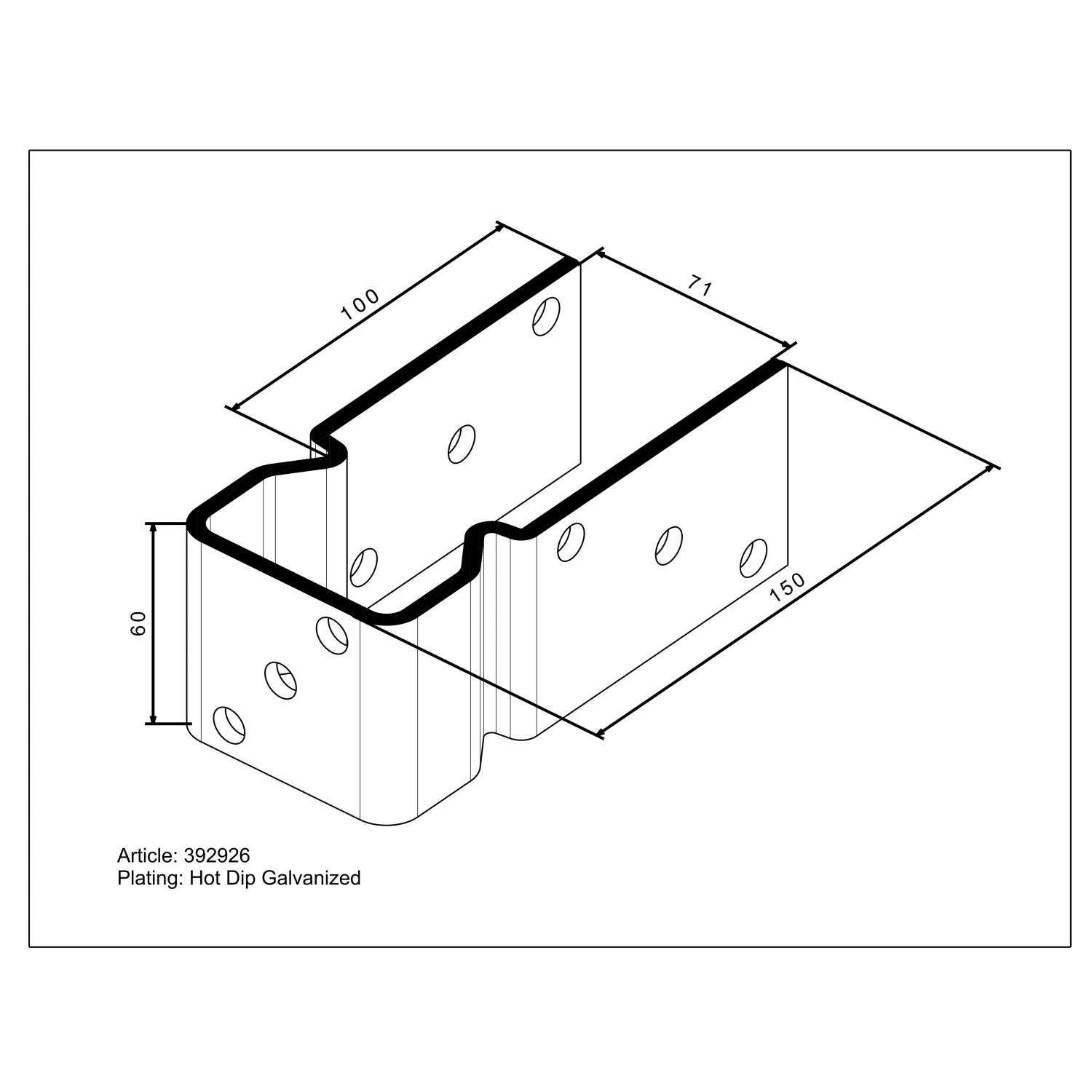 Technische Zeichnung Pfostenträger U-Form zum Aufschrauben, 150x71x60 mm, feuerverzinkt.