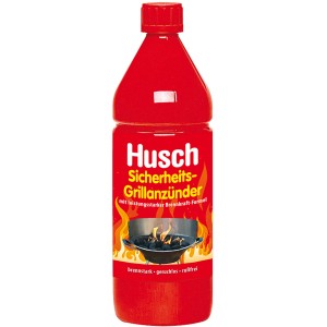 Rote Flasche Husch Sicherheits-Grillanzünder flüssig 1 l für Holzkohlegrills.