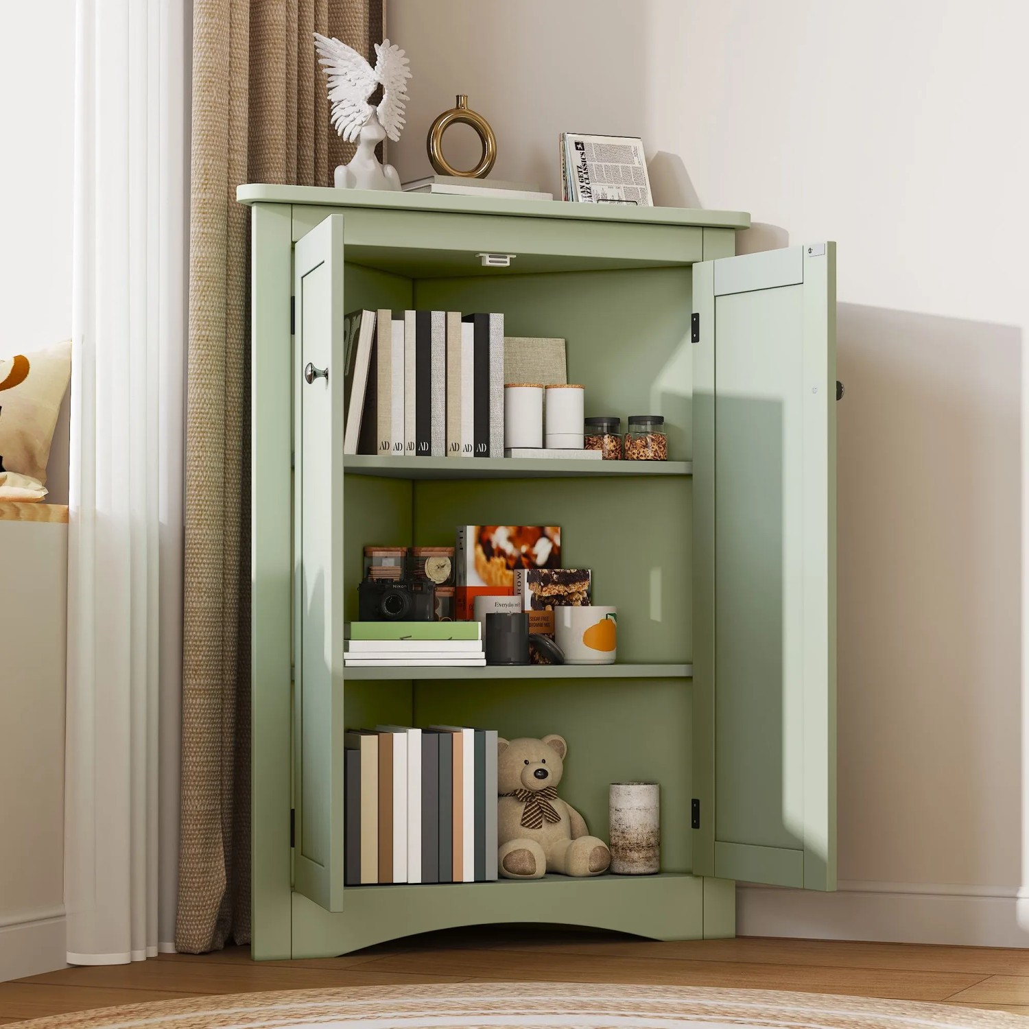 okwish Eckschrank mit 2 Türen 3 Ebenen Lackoberfläche Dreiecksschrank 61.5x80cm Grün_2