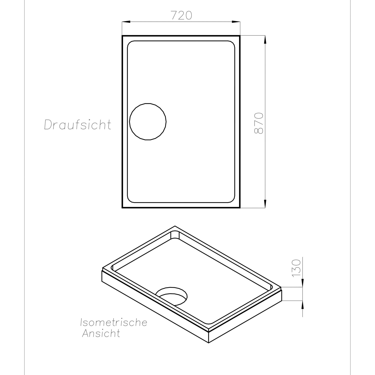Technische Zeichnung Ottofond Wannenträger Maui-R 90x75 cm, Draufsicht und isometrische Ansicht mit Maßen.