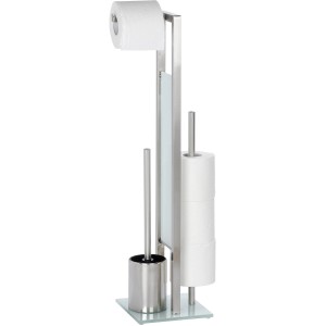 Wenko Stand WC-Garnitur Rivalta, silber matt, mit Toilettenpapier- und Bürstenhalter, aus Edelstahl und Glas.