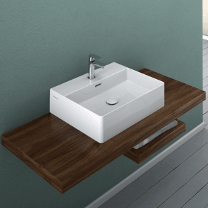 Domberg Waschbecken DB2001, 50,5x42,5 cm, weiß, mit Armatur auf Holzkonsole. Modernes Slimline-Design.