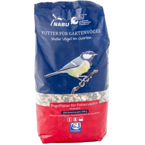 Verpackung Vogelfutter für Futtersäulen, 750g, mit Bild einer Meise.