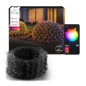 Philips Hue Festavia smartes Lichternetz mit 250 farbigen LEDs, aufgerollt. Verpackung zeigt beleuchtete Sträucher & App.