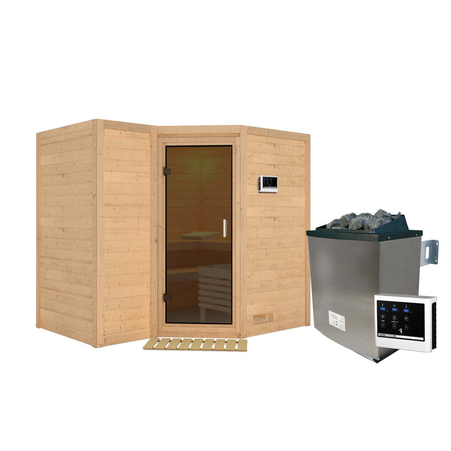Karibu Sauna Steena 2 aus Fichte mit Ofen und externer Steuerung. Massivholzsauna mit Glastür.