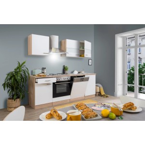 Respekta Küchenzeile KB220ESW in Weiß-Eiche Sägerau Optik mit E-Geräten und Spüle.