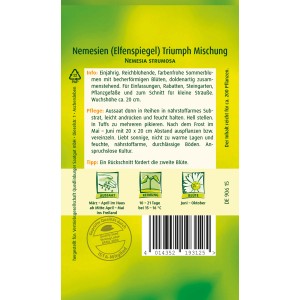 Samentüte Quedlinburger Nemesie Elfenspiegel 'Triumph Mischung', Blumensamen für farbenfrohe Sommerblumen.