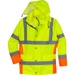 Scheibler Warnschutz Regenjacke in Gelb-Orange mit Reflektoren, Größe M.
