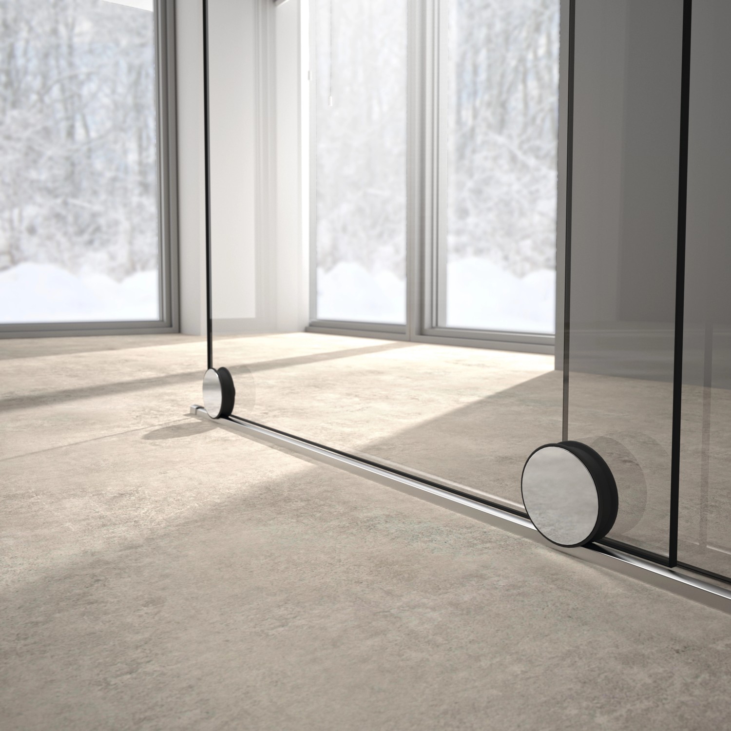 Detailaufnahme: Hüppe Xtensa Pure Walk-In Dusche mit Gleittür, silber hochglänzend, bodeneben.