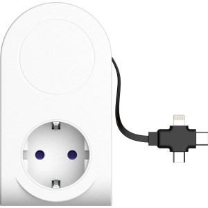 Weiß-graues Dual USB-Ladegerät Netzteil mit Universal-Ladekabel für Steckdosenleisten.