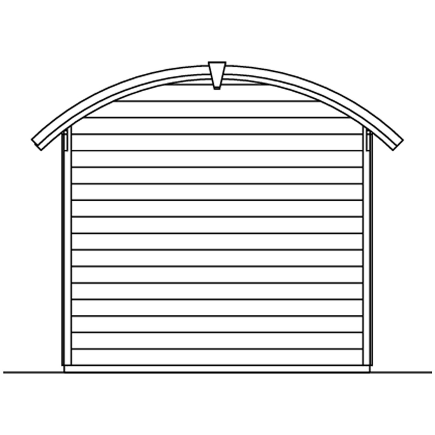 Skizze eines Holz-Gartenhauses Delft Natur, 250x250 cm, mit Tonnendach.
