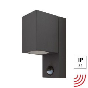 Anthrazitfarbene E2 Elektro Wandleuchte ASTER mit Sensor, GU10 Fassung und IP65 Schutz.