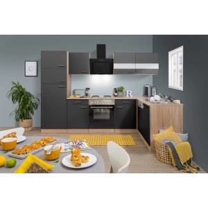 Respekta Winkelküche KBL280ESGS in Grau-Eiche Sonoma mit E-Geräten.