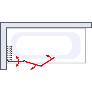 Skizze: Schulte Badewannenaufsatz, 3-teilig, klar hell, zeigt Schwenkbereich der Elemente.