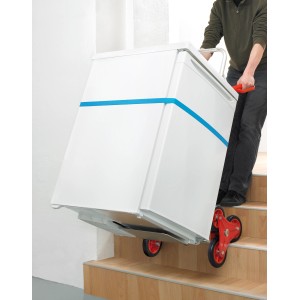 Pro-Bau-Tec Treppensteiger Sackkarre aus Aluminium mit 150 kg Traglast beim Transport eines Kühlschranks auf einer Treppe.