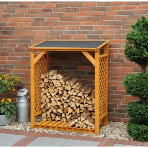 Honigbraunes Kaminholzregal Speyer aus Kiefernholz, gefüllt mit Holzscheiten.