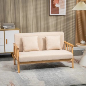 HOMCOM 2-Sitzer Sofa mit hellem Holzrahmen, beigem Leinenoptik-Bezug und 2 Lendenkissen im Wohnzimmer.