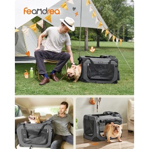 Feandrea Hundebox, 60x42x42 cm, grau. Transportbox mit Netzstoff und Stahlrahmen für Hunde.