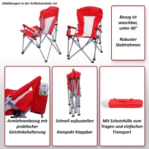 Roter klappbarer MCW Campingstuhl mit Stahlrahmen, waschbarem Bezug, Getränkehalter und Schutzhülle.