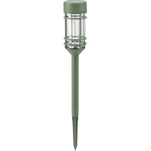 Grüner Solar-LED-Dekospieß im Laternen-Design für Garten und Balkon, 48cm hoch.