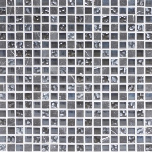 Mosaikmatte aus Glas und Marmor in Schwarz-Perlmutt, 30x30 cm. Quadratische Mosaikfliesen für Wand und Boden.