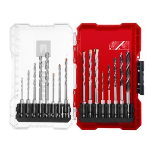 Einhell M-CASE 16-tlg. Bohrer-Set für Holz, Stein, Metall in offener roter Aufbewahrungsbox.