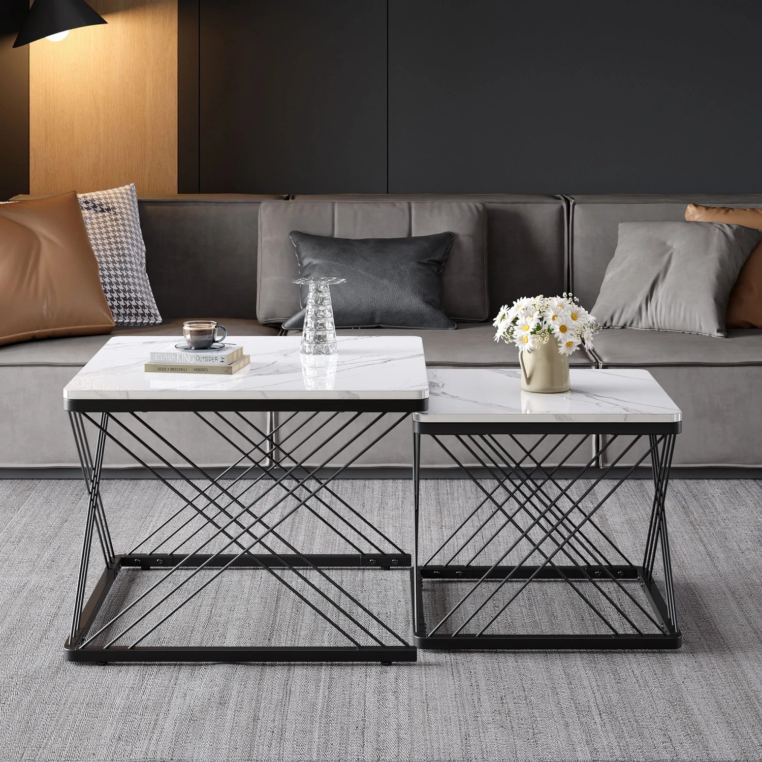 okwish Couchtisch Set mit Marmoroptik HöhenVerstellbare Füße 60x60x45cm 45x45x40cm Schwarz_4