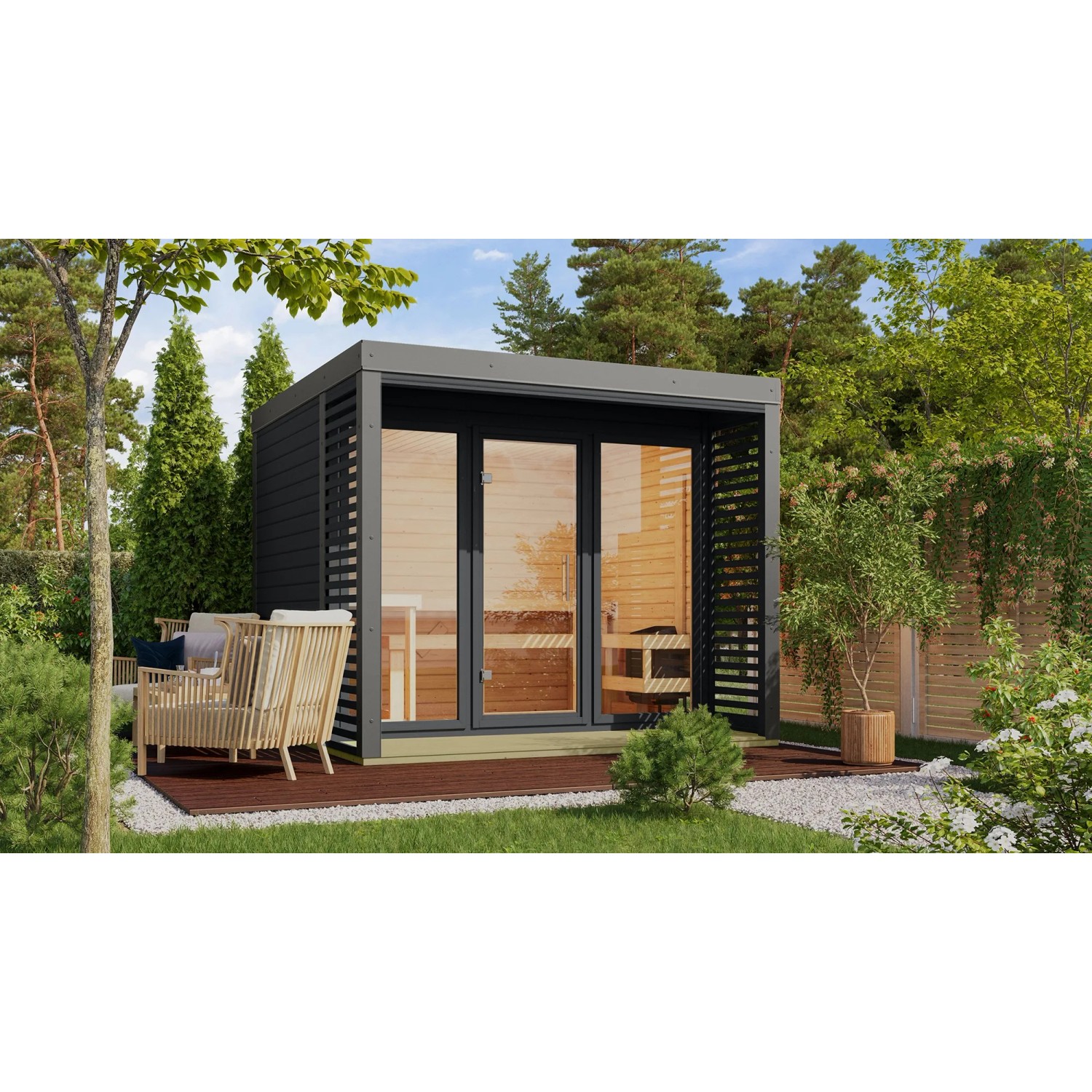 Karibu Saunahaus Seros 3 in Anthrazit/Graualuminium mit Terrasse und großem Fenster.