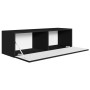 Schwarzes Selsey TV-Hängeboard Veldio 100 cm mit offener geriffelter Front, zwei Fächern für Medien und Zubehör.