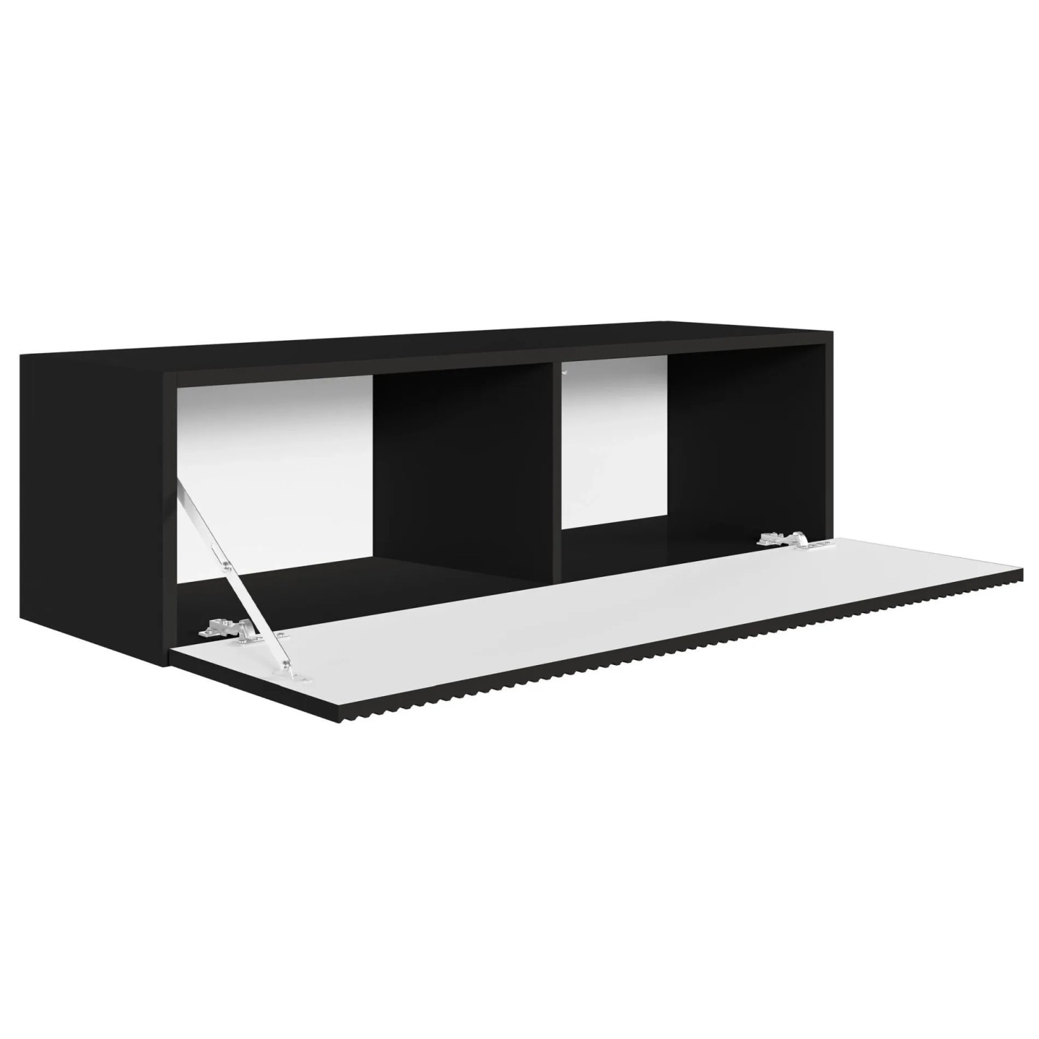 Schwarzes Selsey TV-Hängeboard Veldio 100 cm mit offener geriffelter Front, zwei Fächern für Medien und Zubehör.