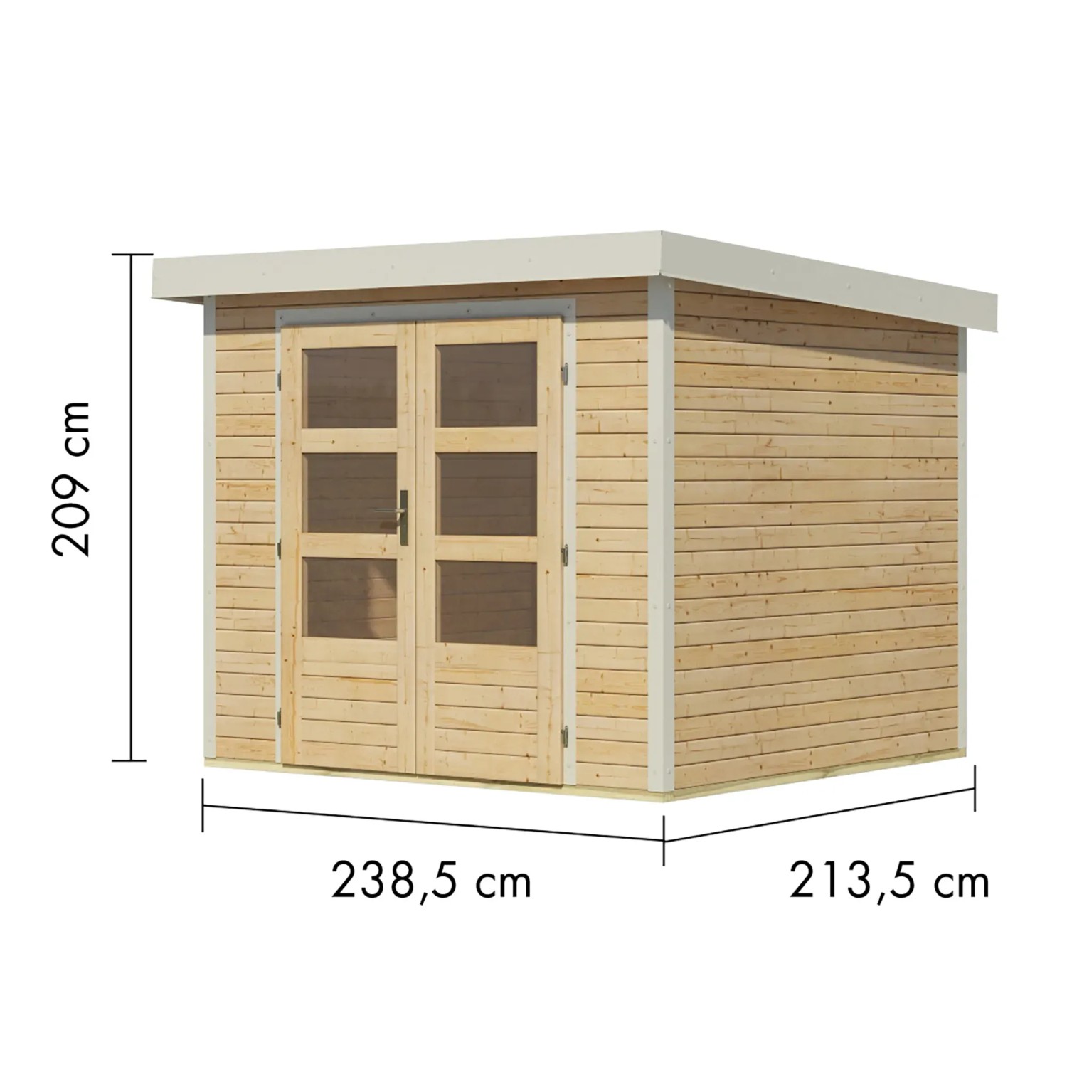 Karibu Gartenhaus Diego 3A, naturbelassen/weiß, 209x238x213 cm, mit Maßen.