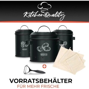 KitchenQuality Kartoffelbox 3er-Set mit Schäler und Beuteln zur Aufbewahrung von Gemüse.