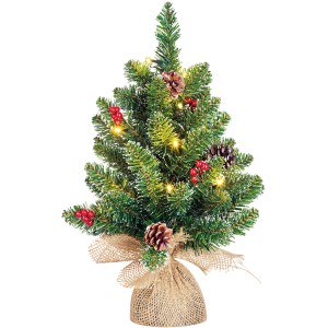 Künstlicher Weihnachtsbaum Creston mit LED, 45 cm, mit Jute-Fuß, Tannenzapfen und Beeren.