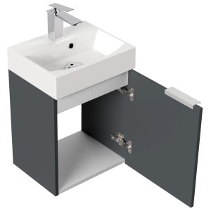 Posseik Badmöbel Cubi Slimline, 40 cm, Grafit, mit offenstehender Tür und Waschbecken.