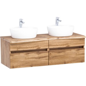 Held Möbel Doppelwaschtisch Trient 120 cm in Wotaneiche mit zwei Aufsatzbecken.