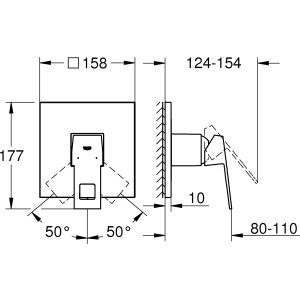 Technische Zeichnung Grohe Eurocube Einhand-Brausebatterie, Maße und Winkelangaben.
